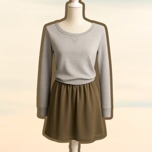 Deletta for Anthropologie Gray Terry Sweatshirt Dress w/ Olive Chiffon Skirt S